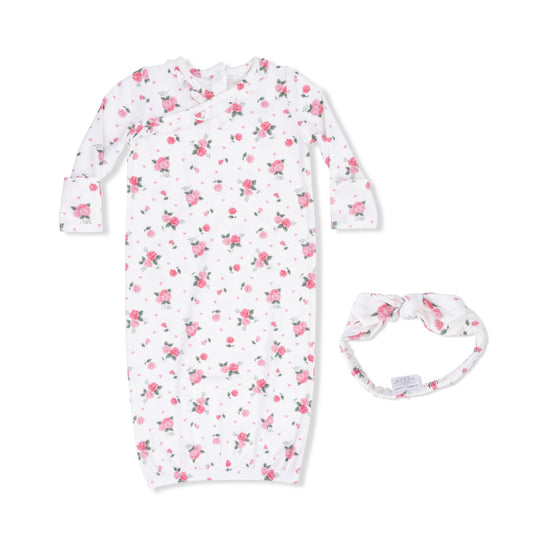 Pink Rosettes  Kimono Gown & Knot Headband