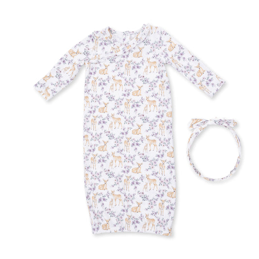 Floral Deer - Kimono Gown And Knot Headband 0-3M