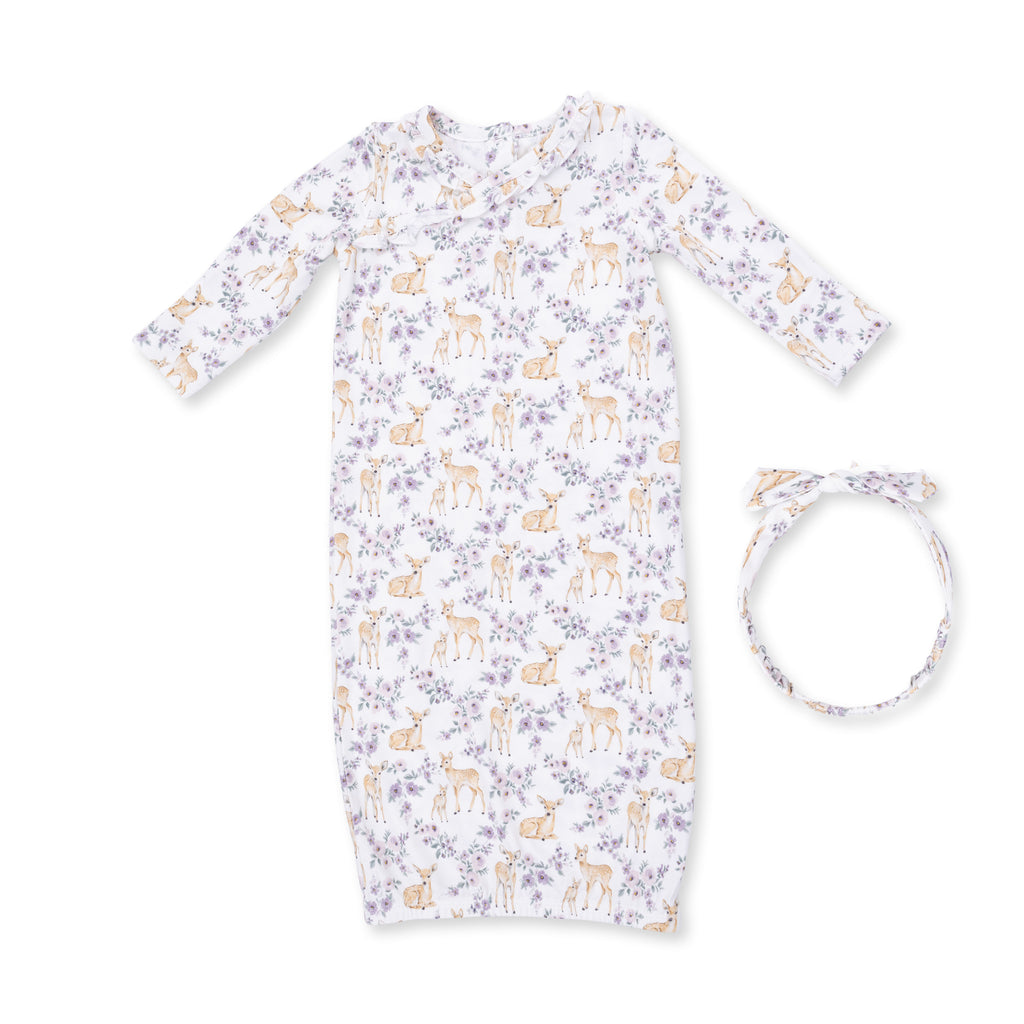 Floral Deer - Kimono Gown And Knot Headband 0-3M