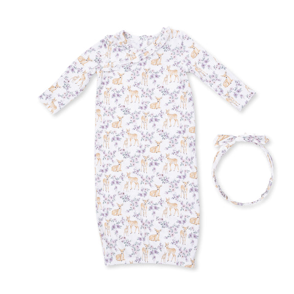 Floral Deer - Kimono Gown And Knot Headband 0-3M