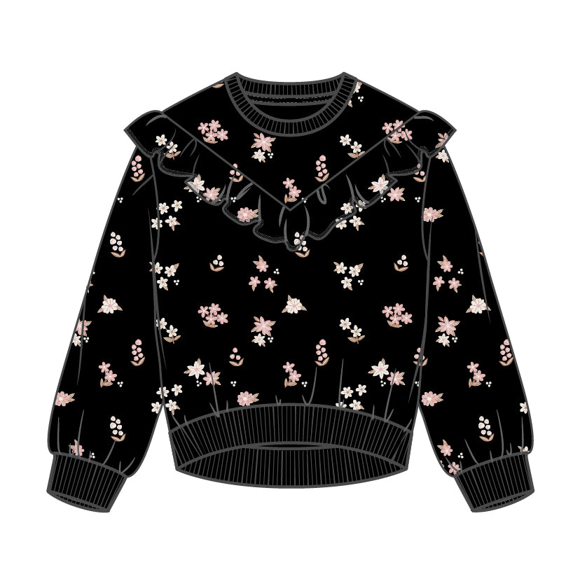 L/S CREW NECK SWEATSHIRT WITH FRILL KNIT-BLACK