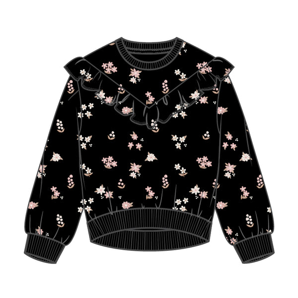 L/S CREW NECK SWEATSHIRT WITH FRILL KNIT-BLACK