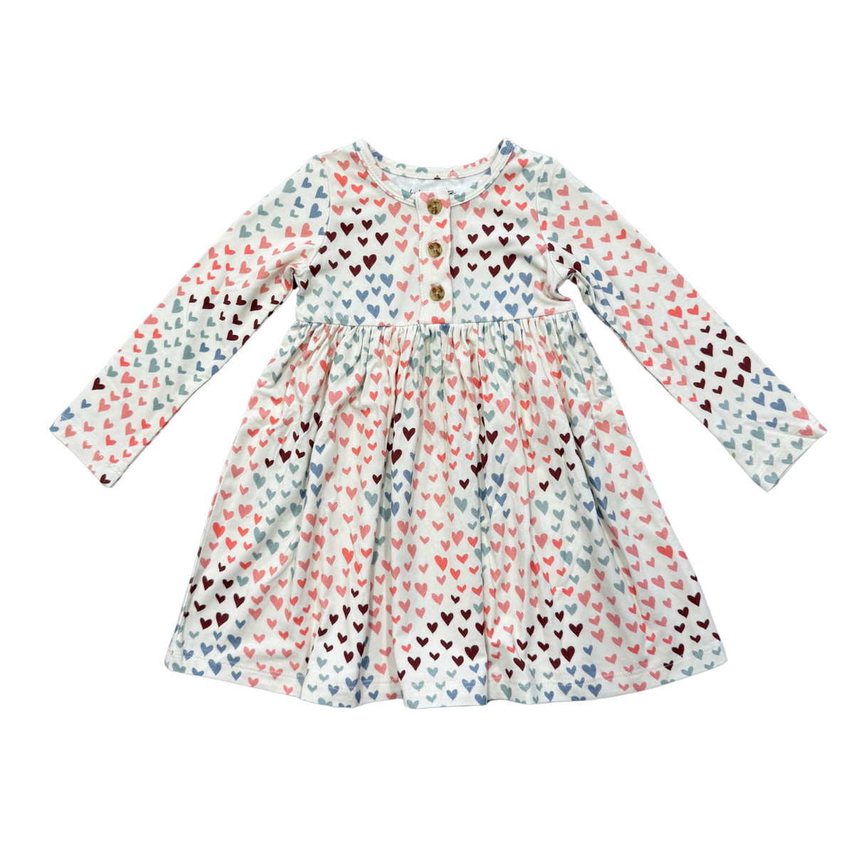 LONG SLEEVE HENLEY DRESS - RAINBOW HEARTS