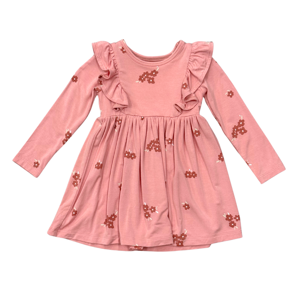 GIRLS LONG SLEEVE RUFFLE DRESS - FLORAL STAMP