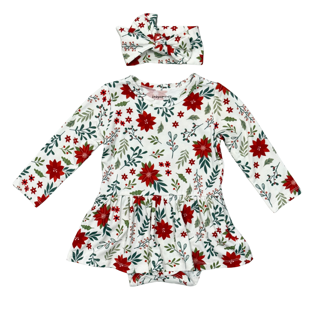 BABY GIRL LONG SLEEVE BODYSUIT DRESS SET - POINSETTIA