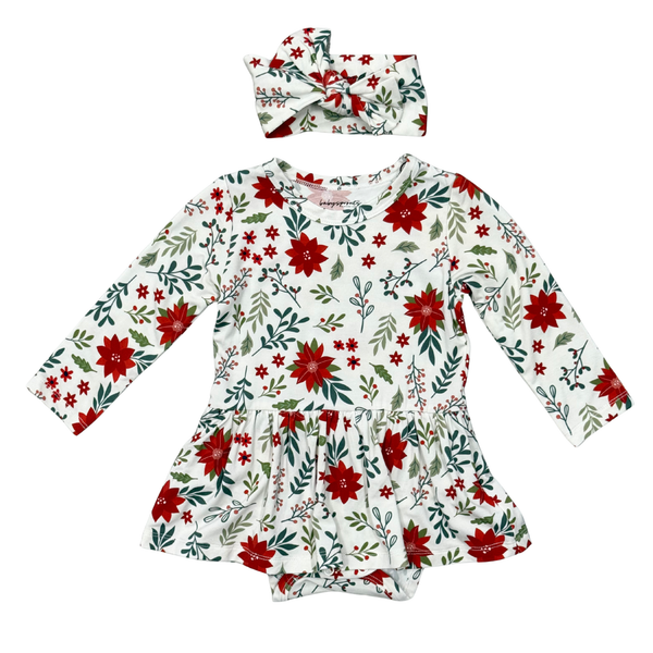 BABY GIRL LONG SLEEVE BODYSUIT DRESS SET - POINSETTIA