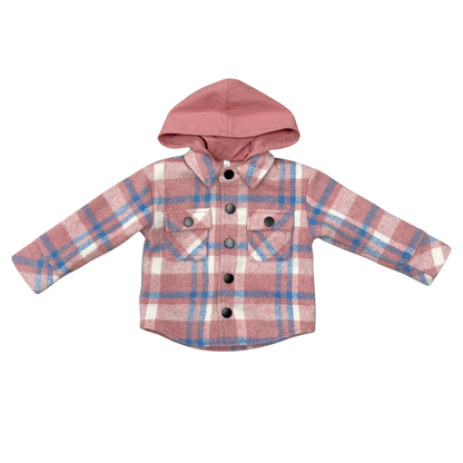 KID'S HOODED SHACKET - PINK-BLUE PLAID