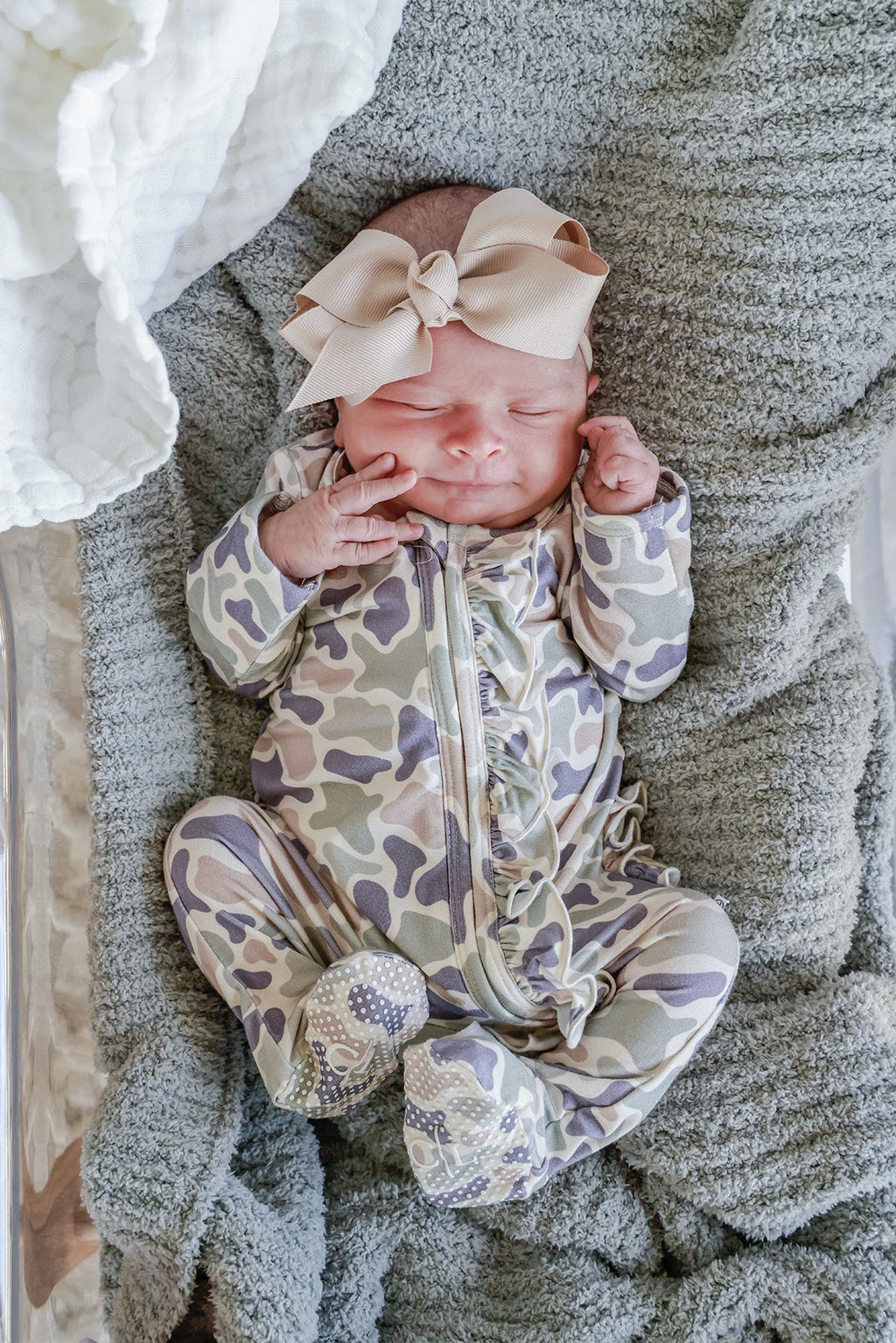 RUFFLE BAMBOO ZIPPER FOOTIE | CAMO CUTIE