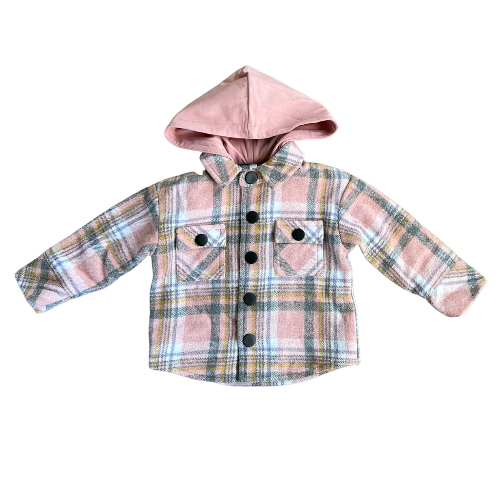 HOODED SHACKET - PINK PLAID