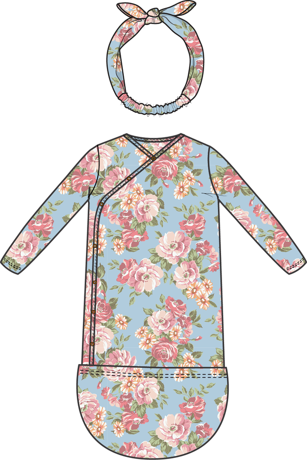 Angeline Floral - Bundle Gown And Knot Headband 0/3M