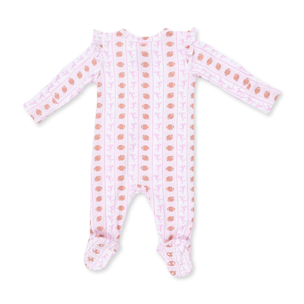 Football Bow Stripe - 2 Way Ruffle Sleeve Zipper Footie