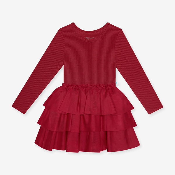 Solid Ribbed - Dark Red - Long Sleeve Tulle Dress