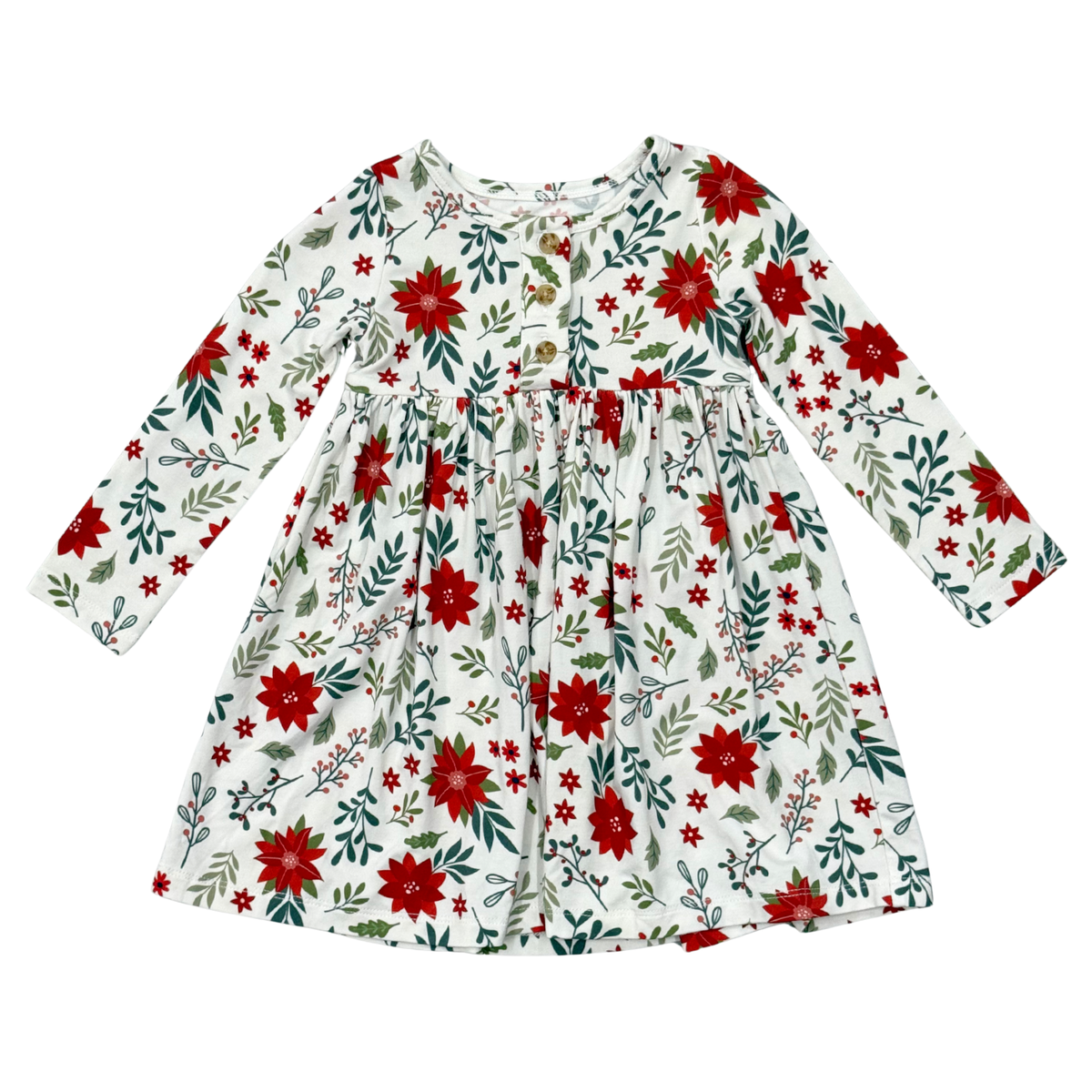 GIRL'S LONG SLEEVE HENLEY DRESS - POINSETTIA