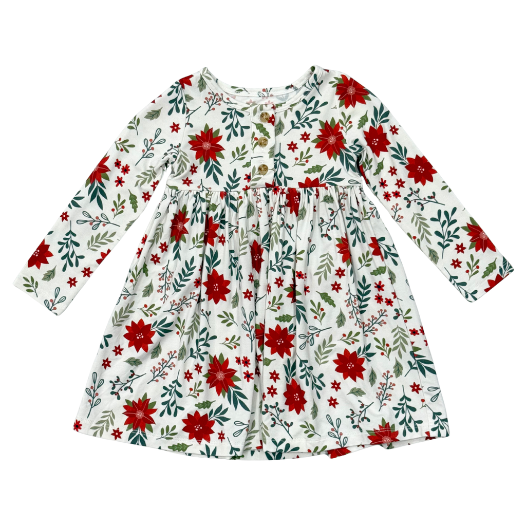 GIRL'S LONG SLEEVE HENLEY DRESS - POINSETTIA