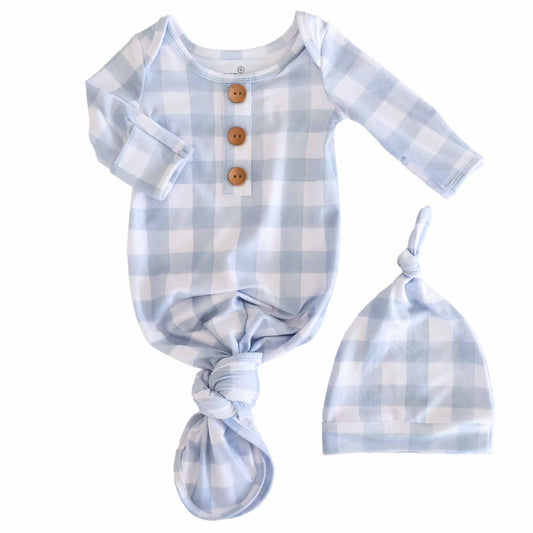 Dusty Blue Gingham Newborn Baby Knot Gown & Hat Set