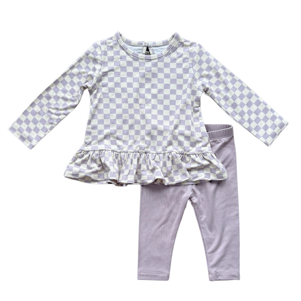 LONG SLEEVE PEPLUM SET - LAVENDER CLOUD CHECKERED