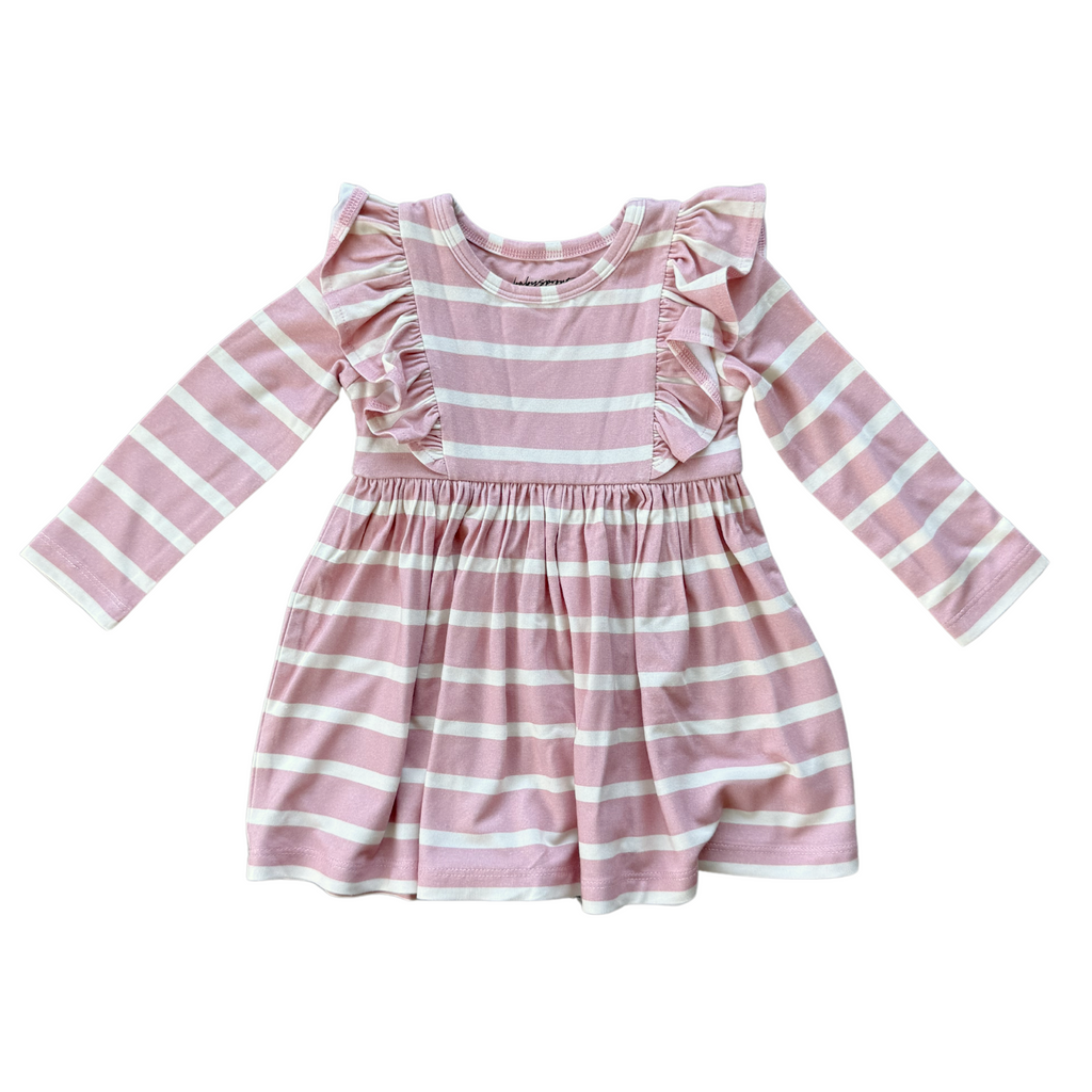 LONG SLEEVE RUFFLE DRESS - MISTY ROSE STRIPE
