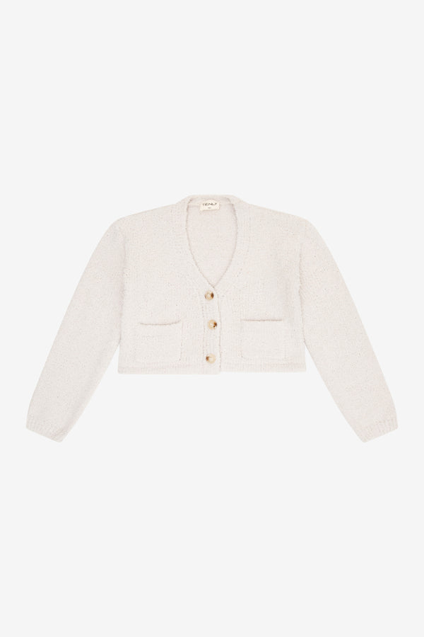 SHERPA CROPPED BUTTON DOWN CARDI W/ POCKETS - ecru