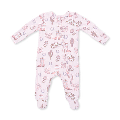 Cowgirl Boots And Bows - 2 Way Ruffle Back Zipper Footie