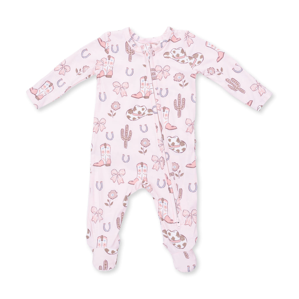 Cowgirl Boots And Bows - 2 Way Ruffle Back Zipper Footie