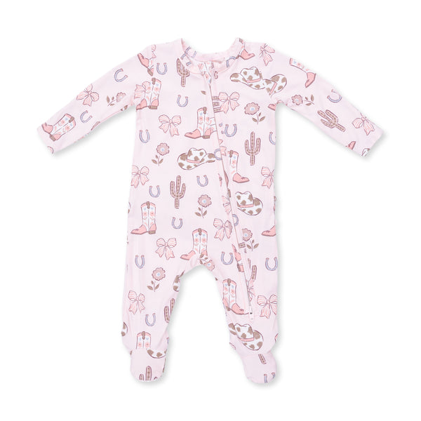 Cowgirl Boots And Bows - 2 Way Ruffle Back Zipper Footie