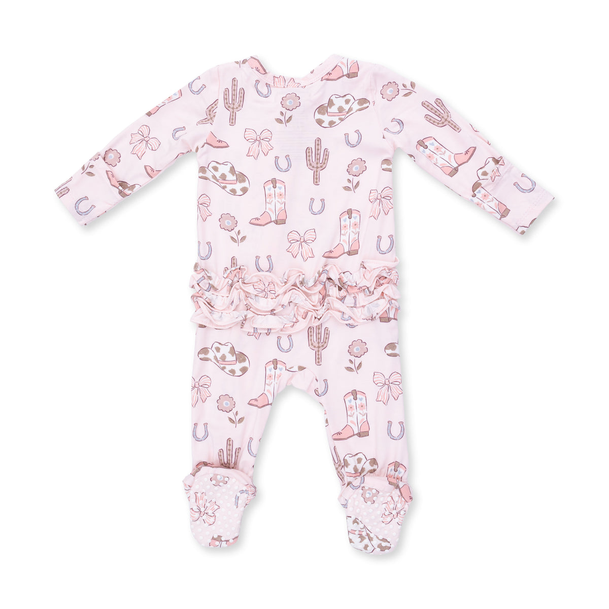 Cowgirl Boots And Bows - 2 Way Ruffle Back Zipper Footie