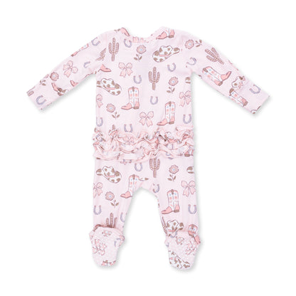 Cowgirl Boots And Bows - 2 Way Ruffle Back Zipper Footie