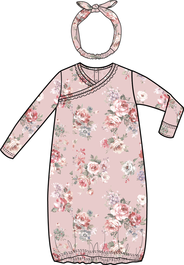 Painterly Rose Bouquets - Kimono Gown And Headband 0/3M
