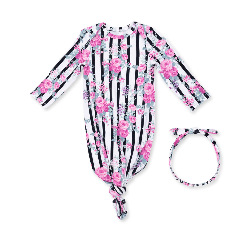 Cabbage Rose Stripe  Knotted Gown and Knot Headband