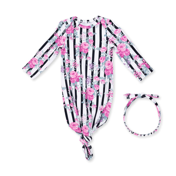 Cabbage Rose Stripe  Knotted Gown and Knot Headband
