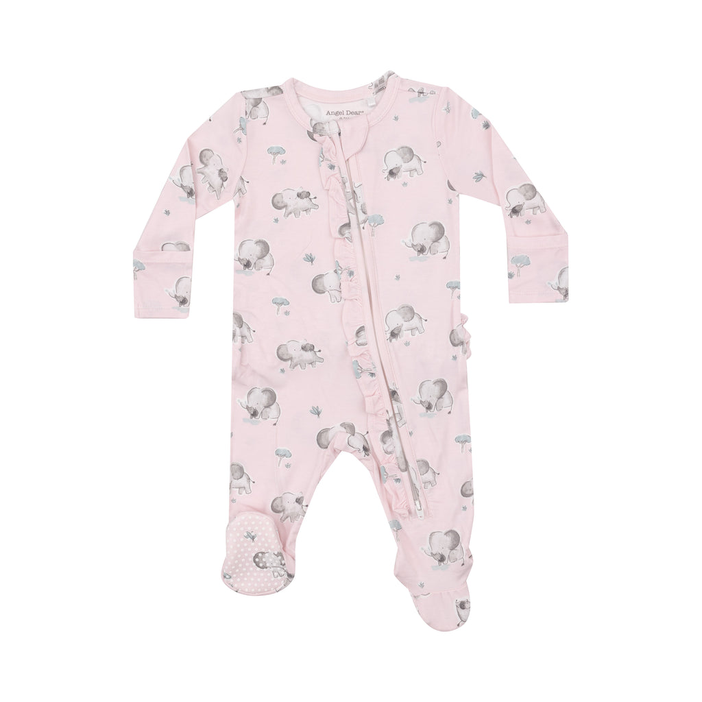 Gray Elephants - Pink 2 Way Ruffle Zipper Footie