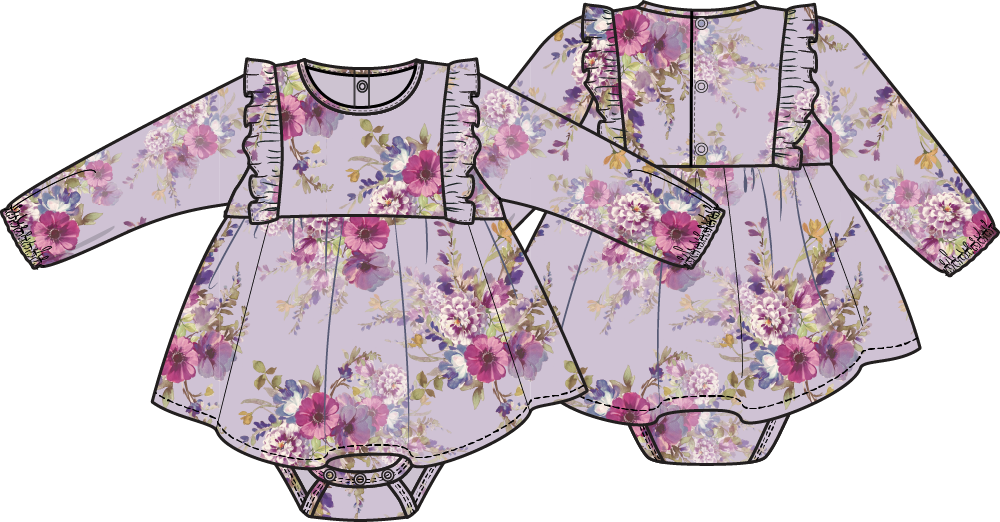 Dahlia Floral - Long Sleeve Ruffle Bodysuit Dress