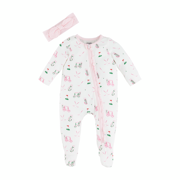 PINK GOLF BABY SLEEPER AND HEADBAND SET