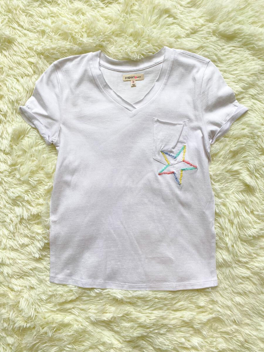 Twisted Sleeve Slouchy Pocket Tee wth Rainbow Embroidery Star