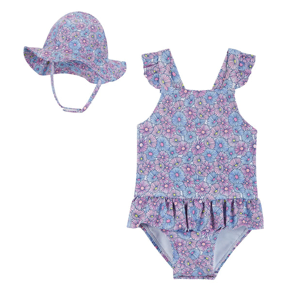 Infant UPF 50+ Baby Daisy Print One-piece Swimsuit & Hat Set | Purple