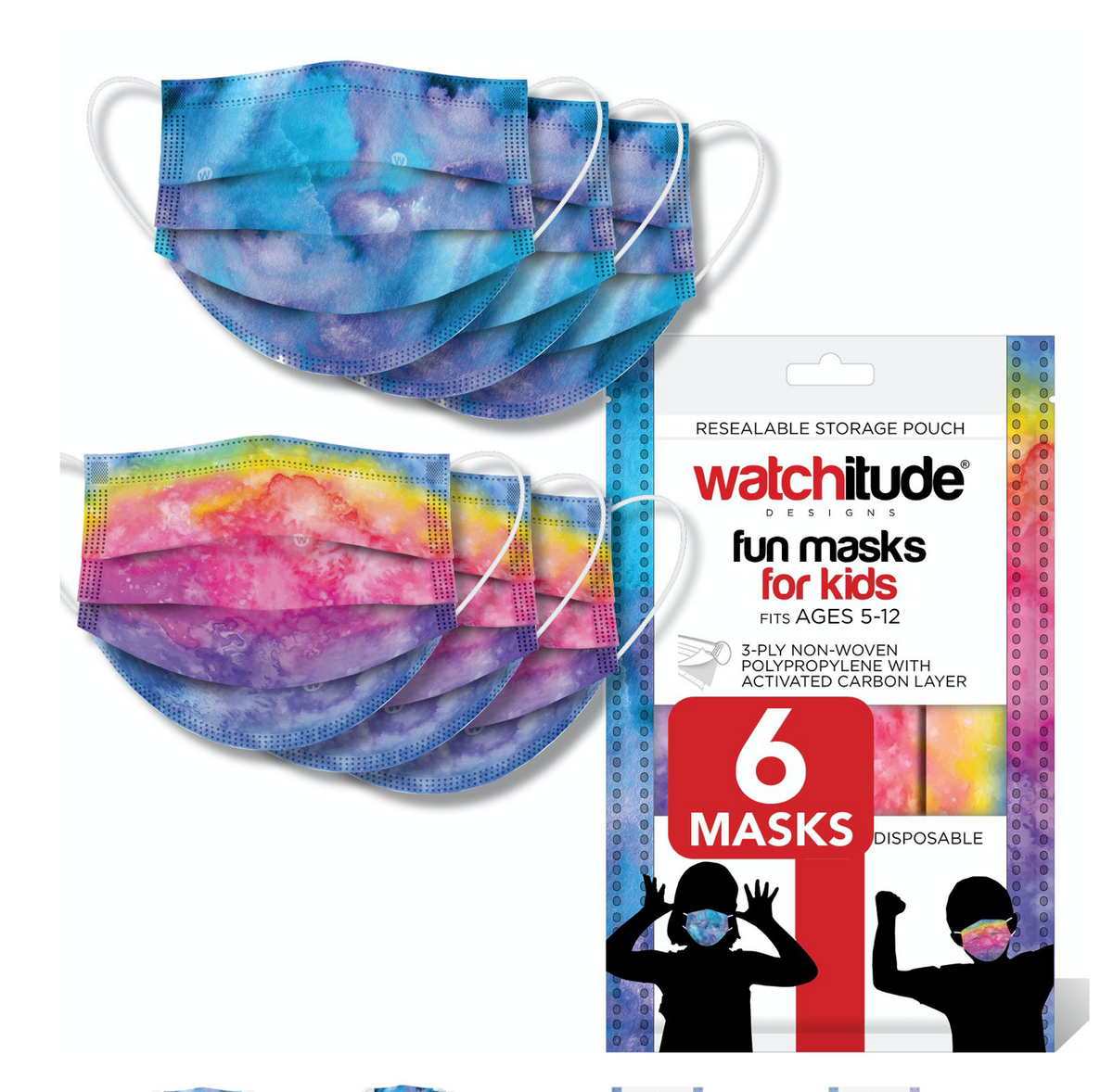 KIDS FUN MASKS (6-PACK) "RAINBOW TIE DYE” & “PURPLE TIE DYE” DESIGNS