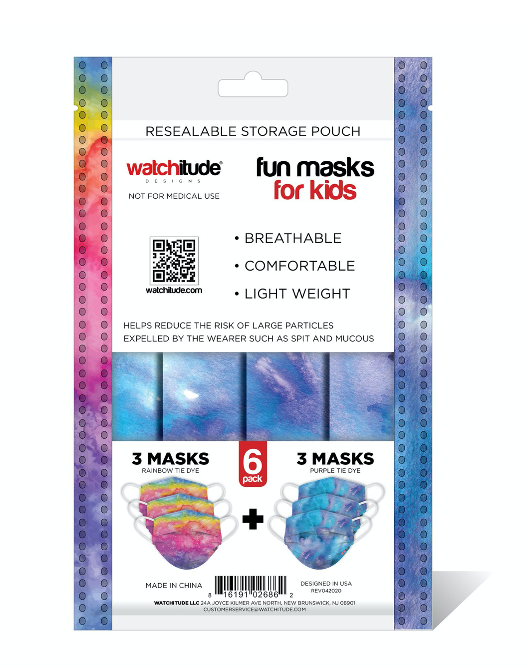 KIDS FUN MASKS (6-PACK) "RAINBOW TIE DYE” & “PURPLE TIE DYE” DESIGNS