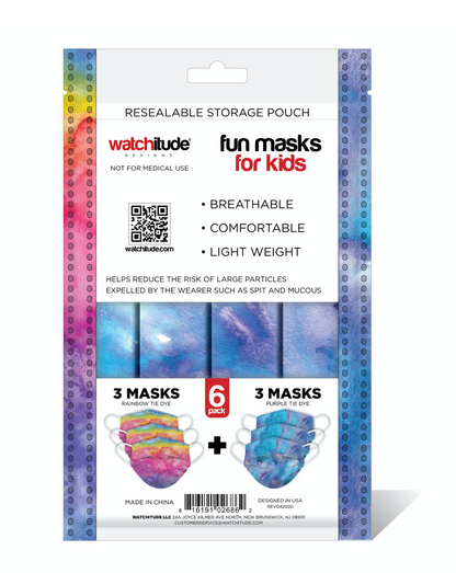 KIDS FUN MASKS (6-PACK) "RAINBOW TIE DYE” & “PURPLE TIE DYE” DESIGNS