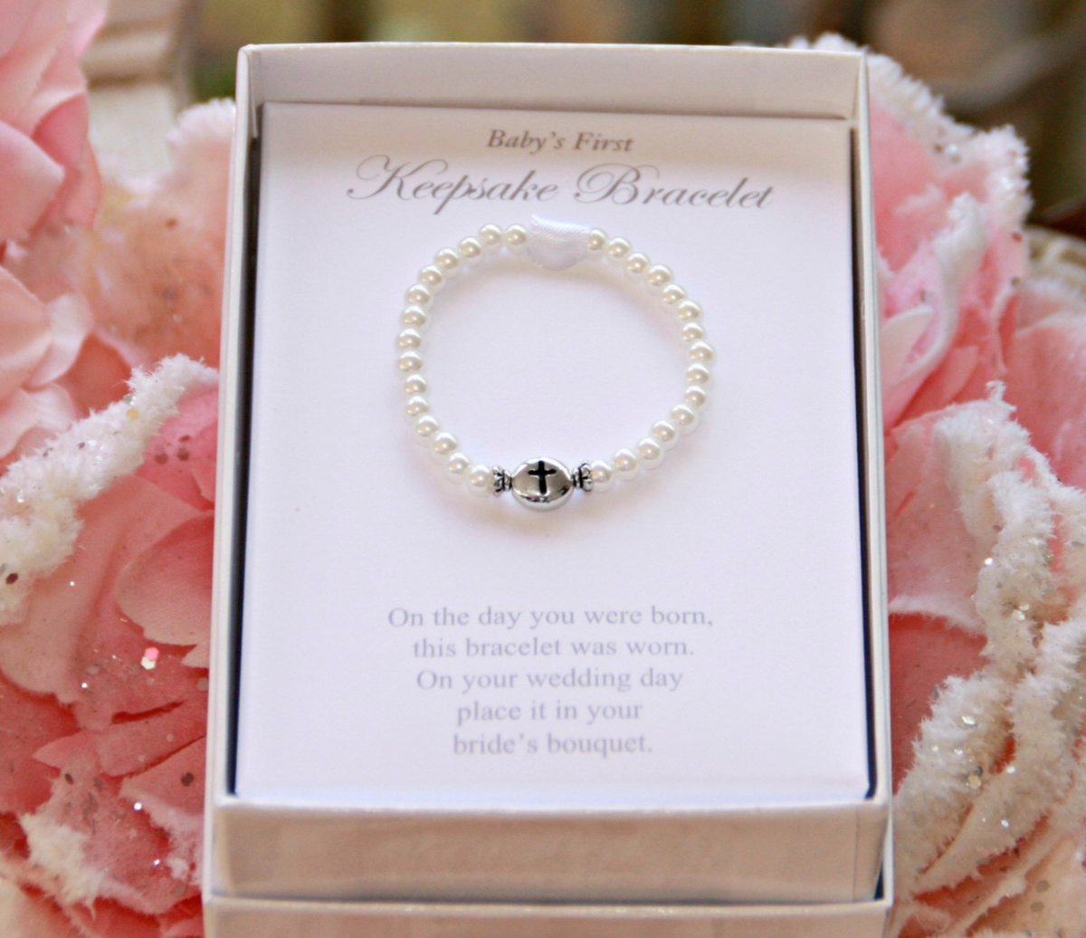 INFANT GLASS PEARLS AND CROSS POEM KEEPSAKE BRACELET