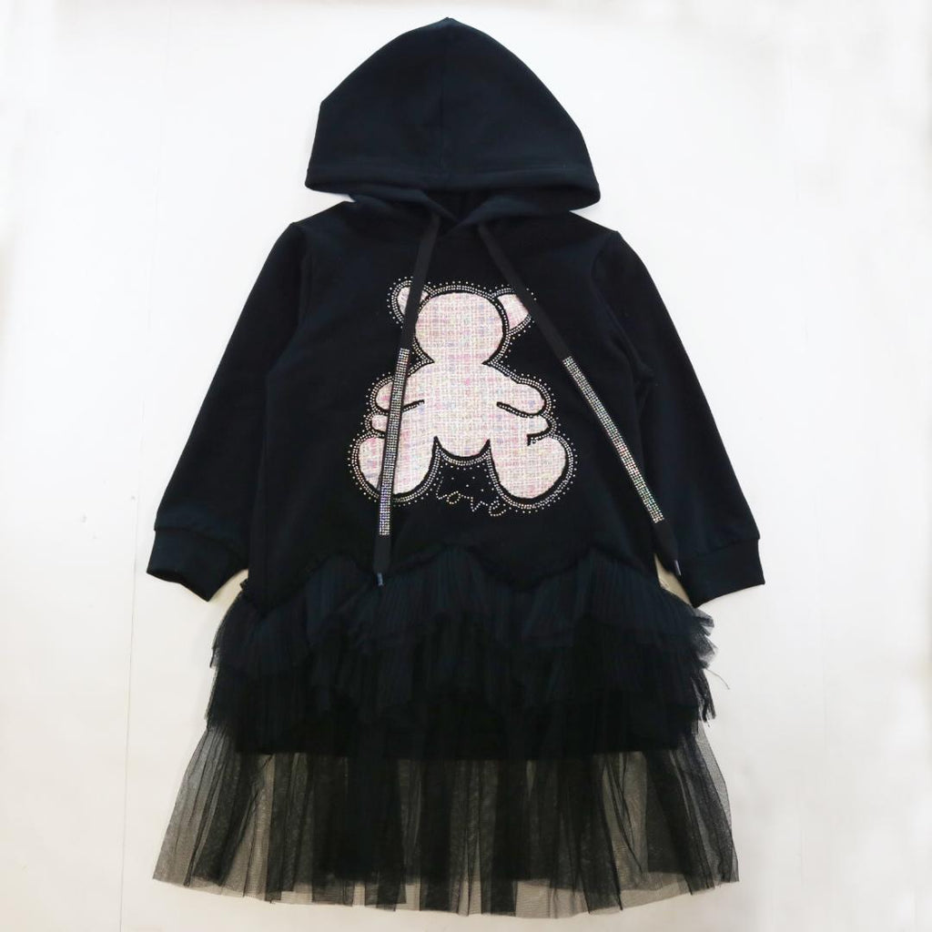 Teddy Patch Hooded Dress - Black